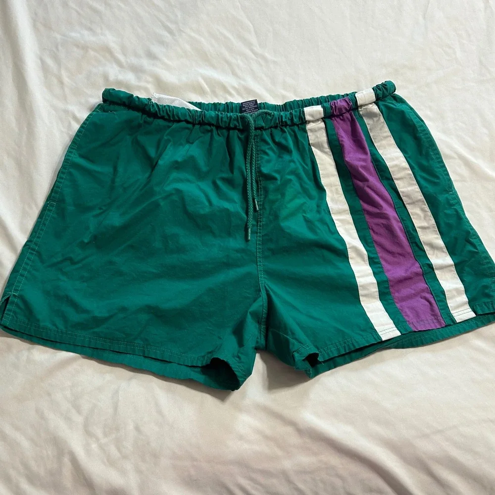 Vintage Lands End Mens Green Purple Striped Cotton Swim Trunks Large 36-38 27261
